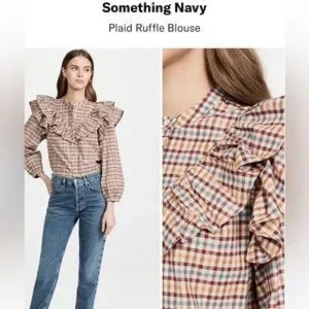 Something Navy Plaid Ruffle Blouse in Beige, Red & Blue